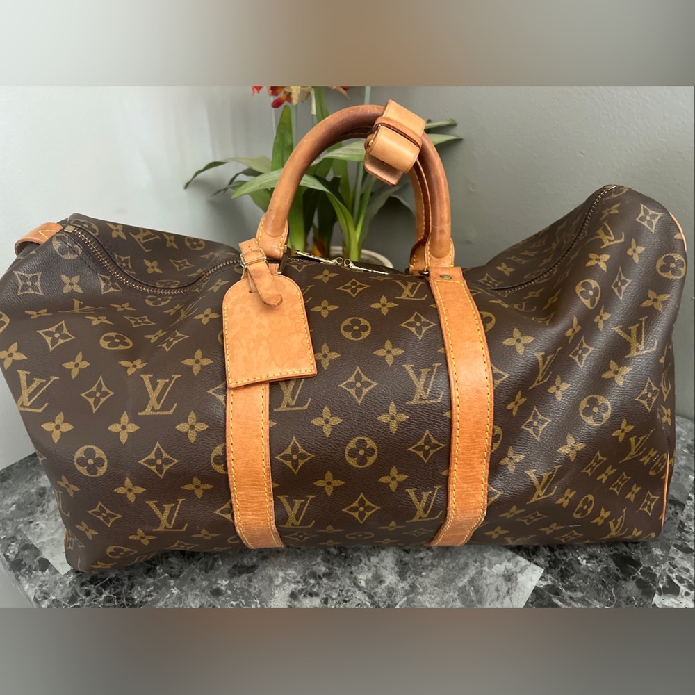 Authentic Louis Vuitton monogram Keepall 50 Boston Bag Luggage Tag Poignet Lock